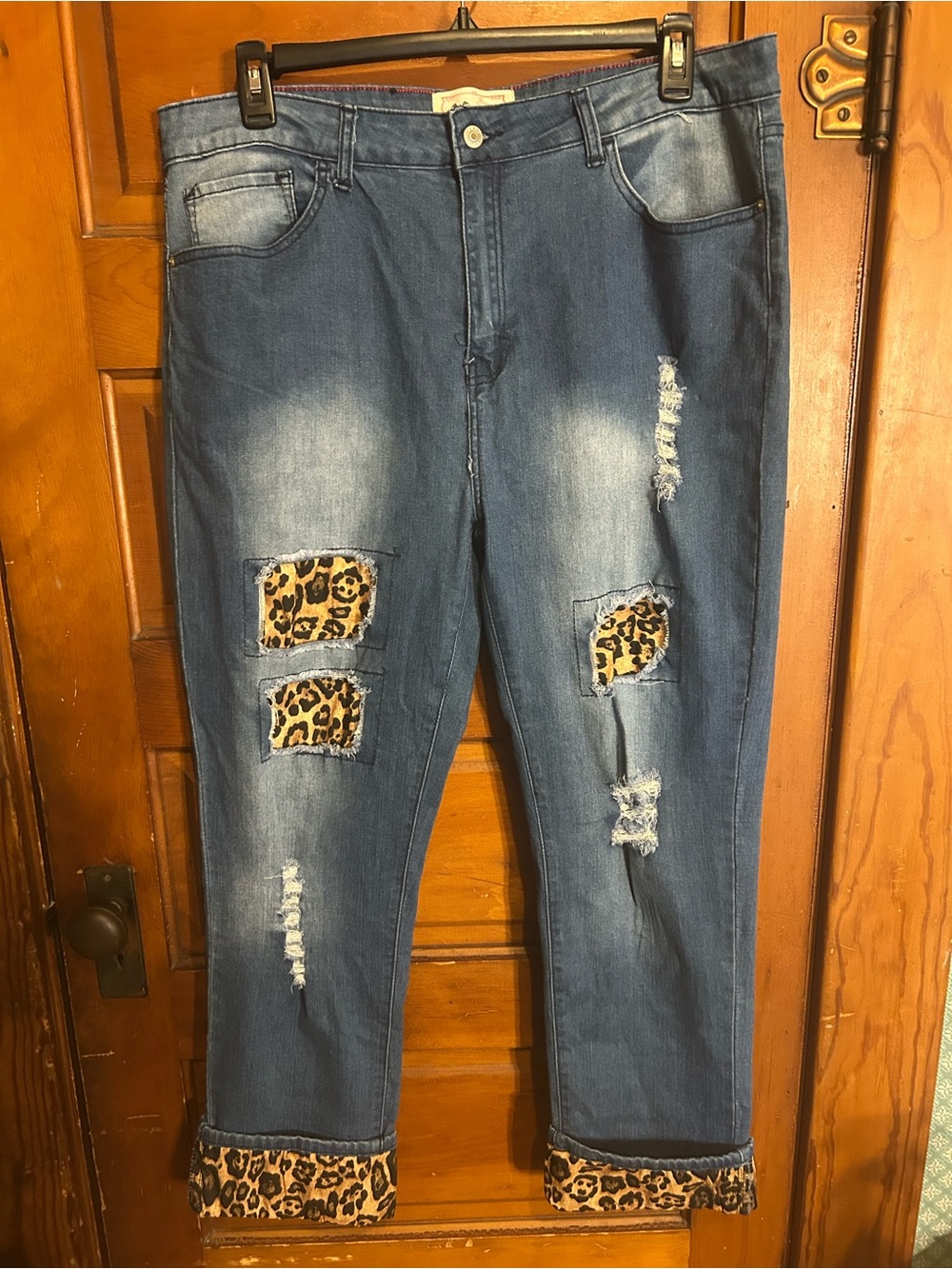 Lucky and Blessed Women’s Distressed Blue Denim Jeans with Leopard Patch Detail
